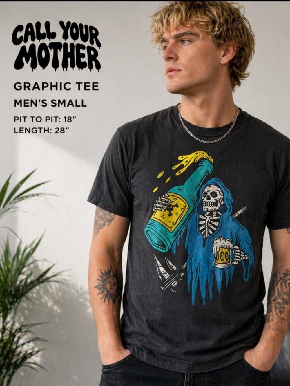 Graphic Skull Beer T Shirt Mens Small Black Streetwear novelty graphic festival